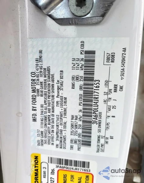 2018 Ford Fusion Se Hybrid z USA, uszkodzony, nr VIN 3FA6P0LU4JR171653